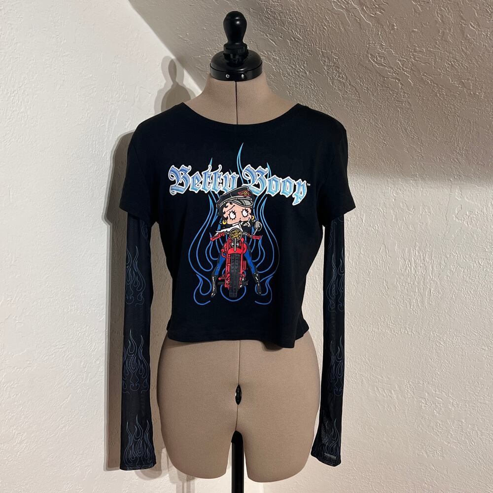 Betty Boop Cropped Graphic Top XL Blue Flame Mesh Sleeves Biker Tee